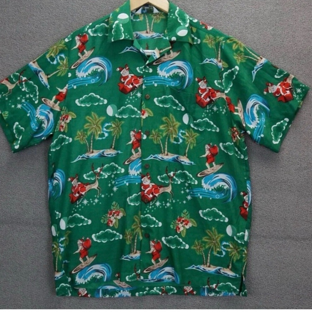 Alvish Mens Green Christmas Hawaiian Surfing Santa Button Down Shirt Size Medium